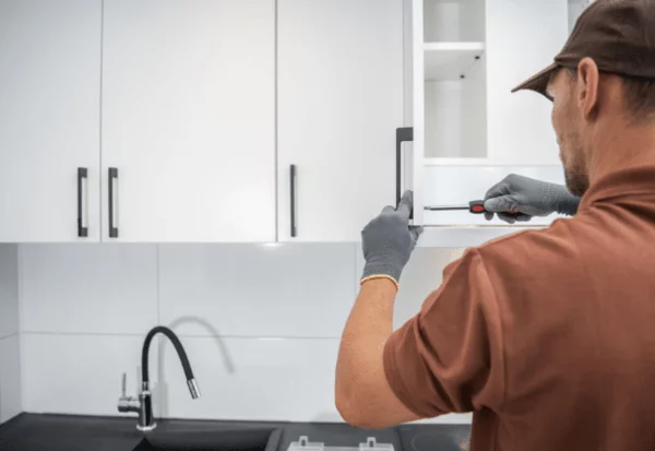 Worker finishing the installment of cabinet in the kitchen area.