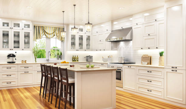 Luxurious white kitchen with a beautiful lightning