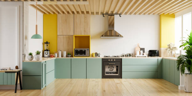 Modern kitchen interior with furniture. Stylish kitchen interior with yellow wall