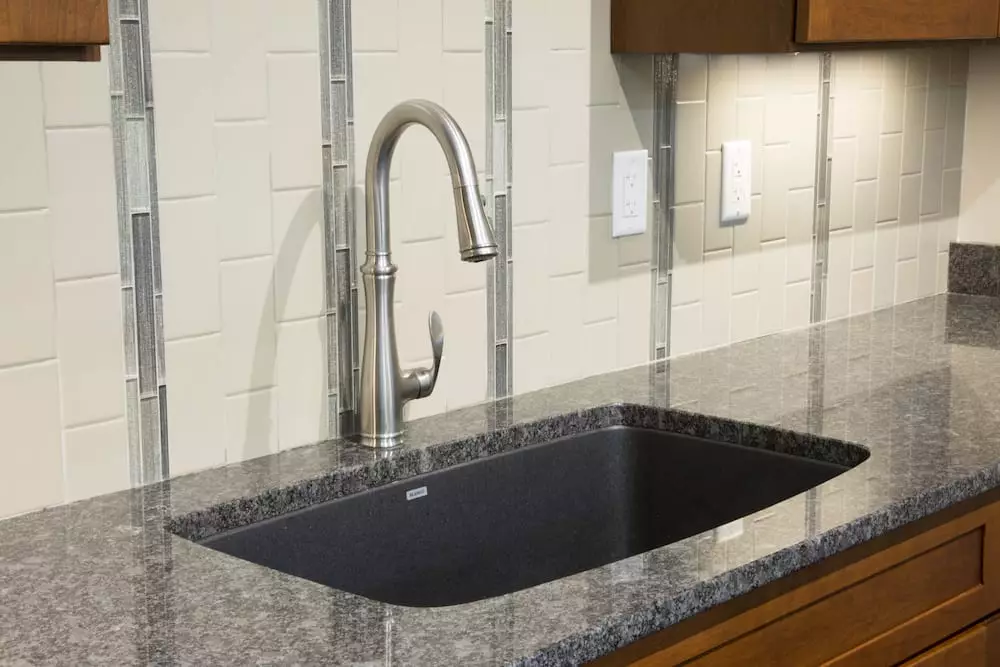 Close-up of sink tile in the Whitmers kitchen renovation.