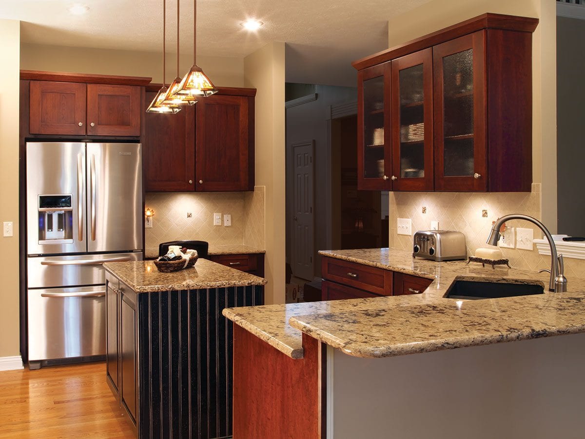 Custom made modern kitchen room with brown cabinets