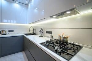 modern kitchen interior with under cabinet lightning