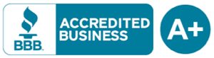 Badge for BBB Accredited Business, showing the Better Business Bureau logo and text indicating the business's accreditation status.