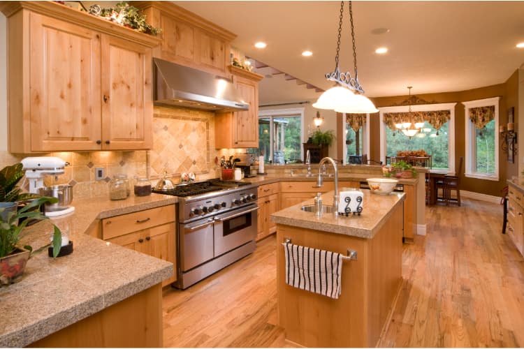 Kitchen with wooden cabinets.