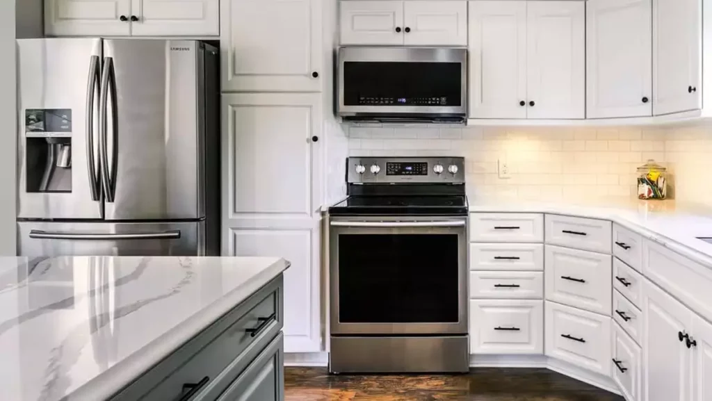 luxurious white themed design for kitchen with refaced cabinets