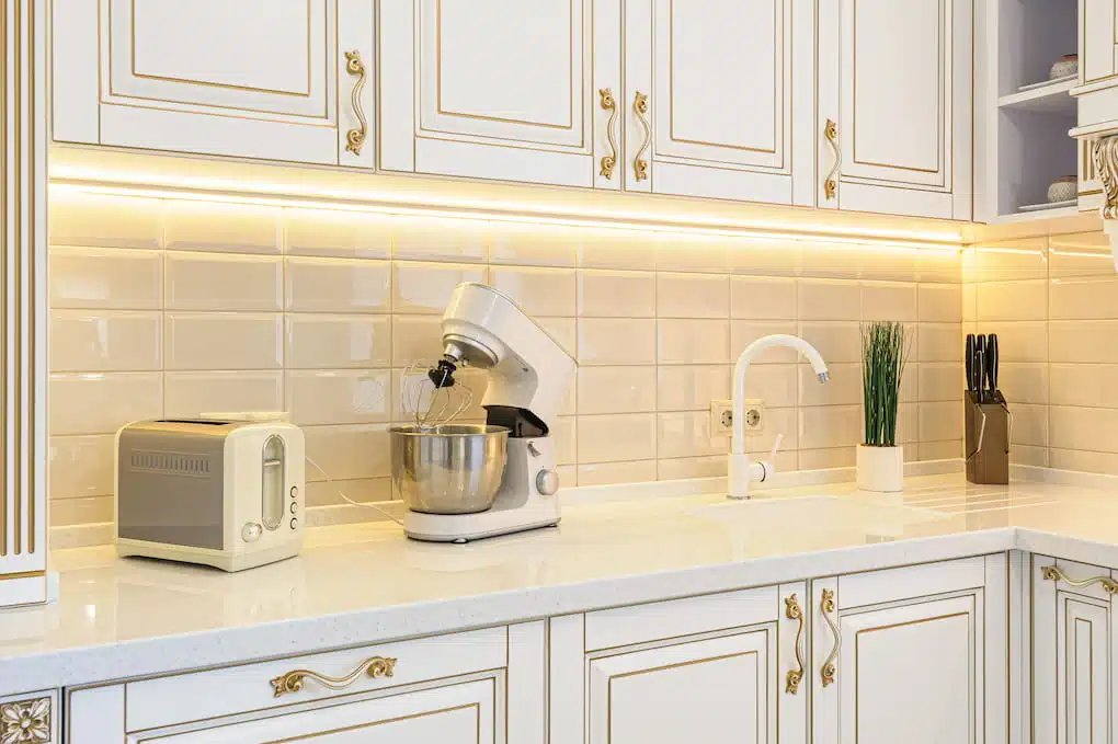 neo classic style luxury kitchen interior with under-cabinet lighting