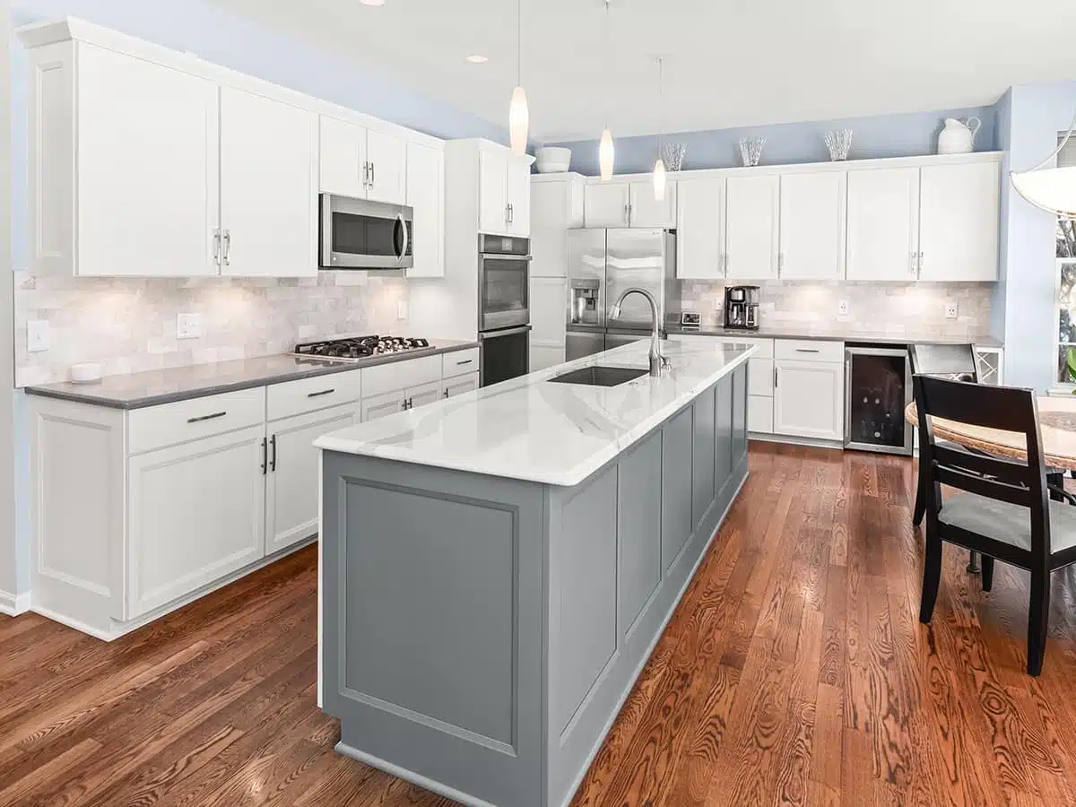 Modern White and Gray Kitchen with center island